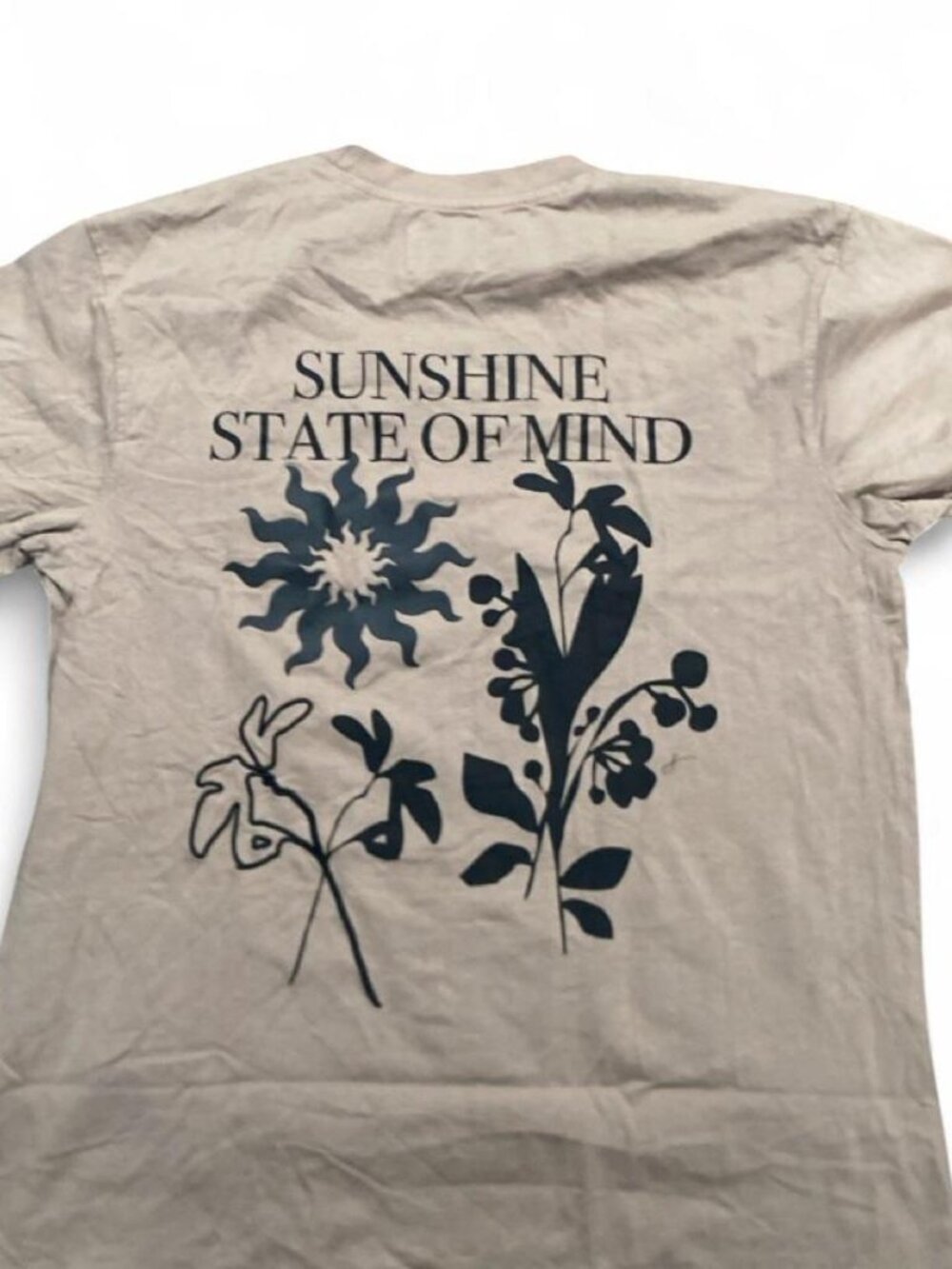Public Supply tan t-shirt with black sun graphic and 'SUNSHINE STATE OF MIND' L